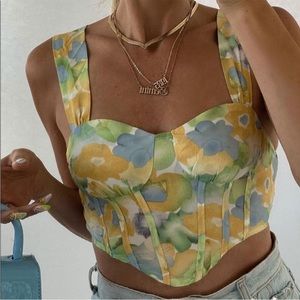 Cider Floral Corset Cropped Bustier Tank Top Size Medium Yellow Green Blue